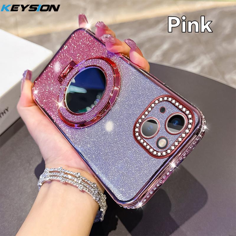 

KEYSION Luxury Glitter Jewelled Magnetic Phone Case for iPhone 13 14 Pro Max Makeup Mirror Ring Stand Shockproof Back Cover for iPhone 13