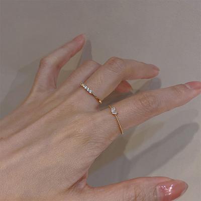 2pcs/set Simple Shiny Heart-shaped Rhinestone Rings Opening Adjustable Gold Alloy Rings Women Jewelry Accessories