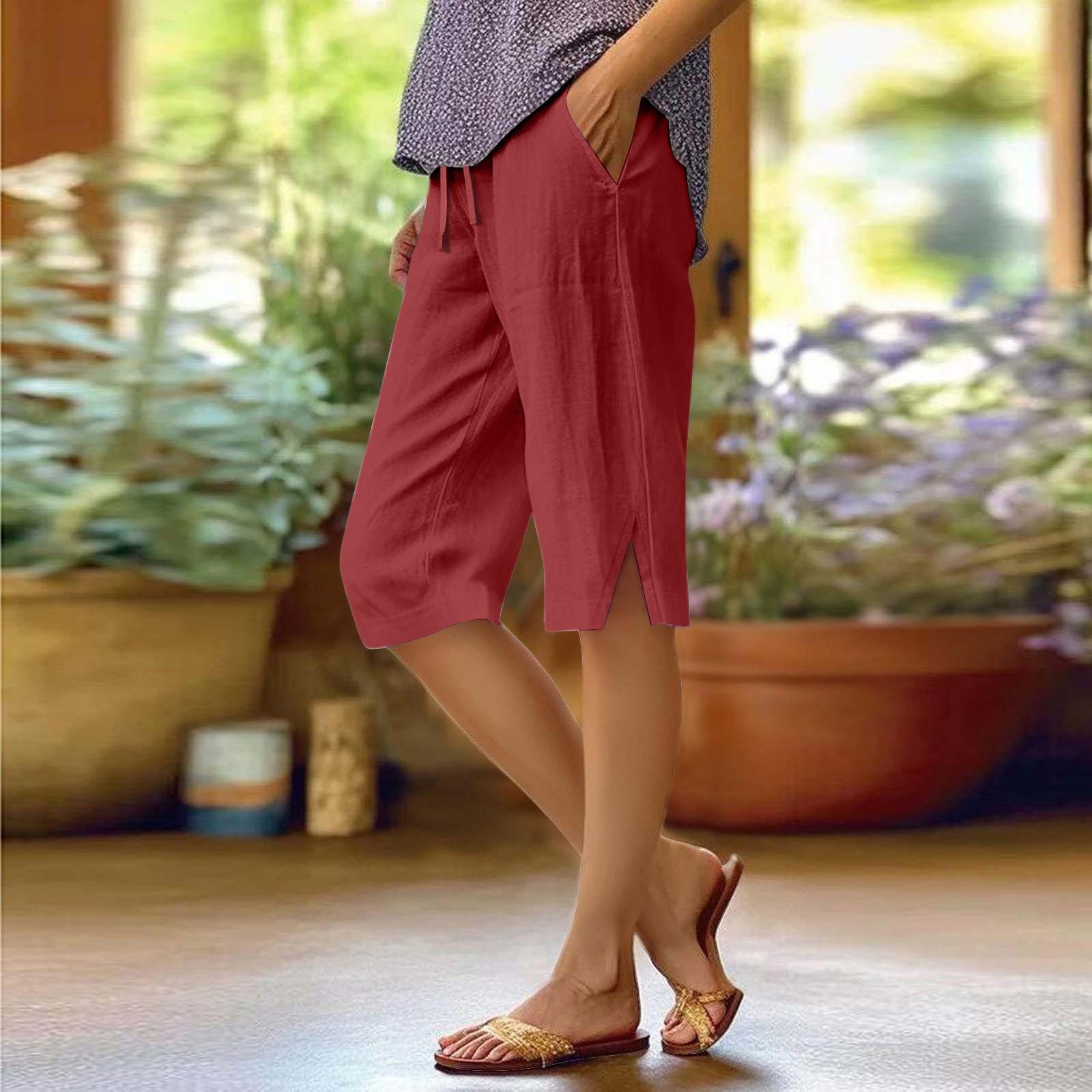 

Женские летние укороченные брюки из хлопка и льна с высокой талией и разрезом по низу винный
