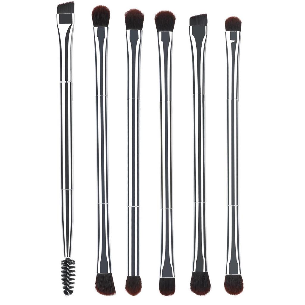 Sleek 6-Piece Silver Makeup Brush Set: Double-Ended Eyeshadow, Blending, Eyebrow Brushes & Dual-Use Brush with Spiral Eyelash Curler