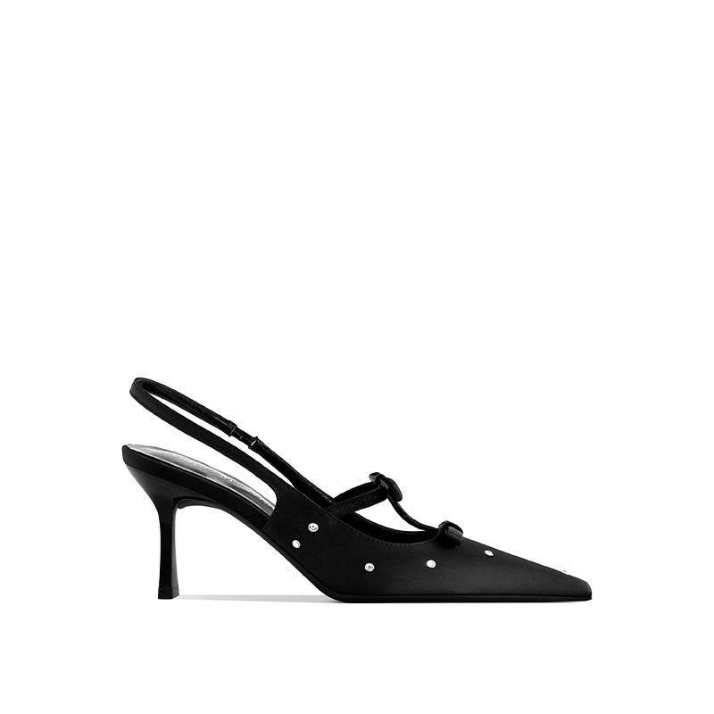 Luxury Sandals Women Designers Dot Rhinestone Bow Sexy Black High Heels Small Square Head Beautiful Light Mouth Backempty Shoes