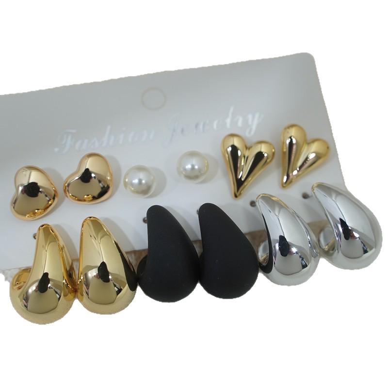 European & American Heart-Shaped Retro Earrings Set - 6 Pairs with High-End, Exaggerated Style