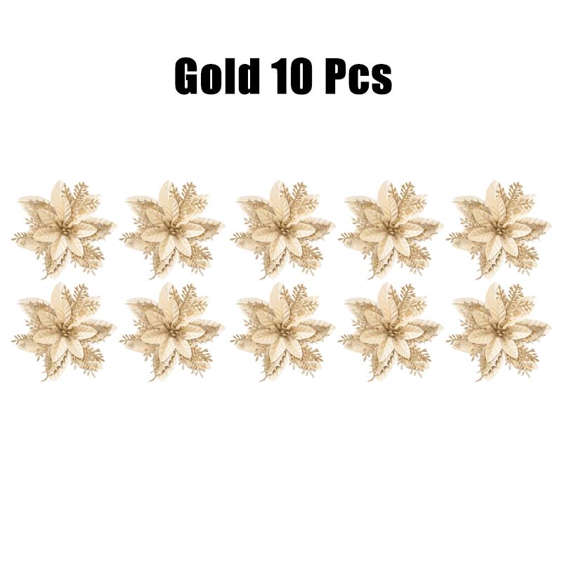 10/30/50PCS Glitter Christmas Flowers Fake Flower Tree Decorations 2026 Home Tree Pendant Ornaments Navidad New Year Gift