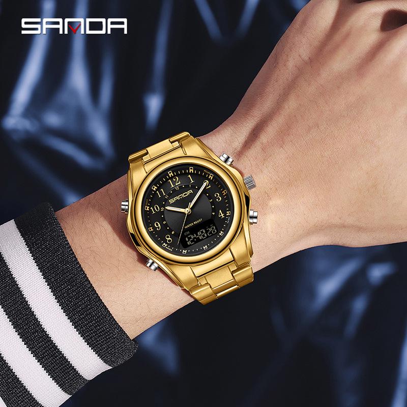 Sanda Men's Multi-Functional Watch: Dual Display, Luminous, Waterproof, Steel & Leather Straps, Casual & Business Style