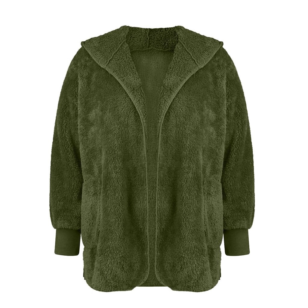 Women's Fashion Loose Hooded Jacket Plush Long Sleeve Cardigan Solid Color Coat