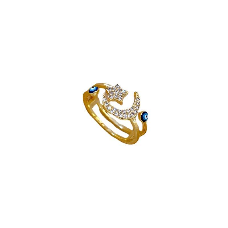 Real Gold Electroplated Opening Star Moon Fashion Slightly Inlaid Light Luxury Ring Index Finger Ring Same Cold Wind