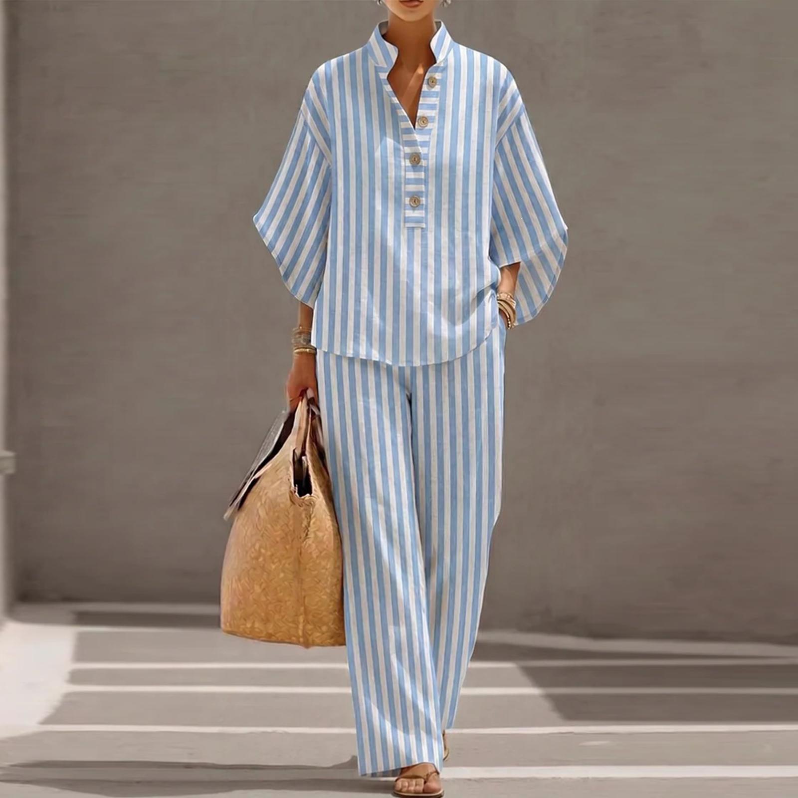 Women Loose Fit Casual Striped Linen Two Piece Set Shirt and Pants Comfortable Relaxed Fit Lightweight Summer Outfit XL