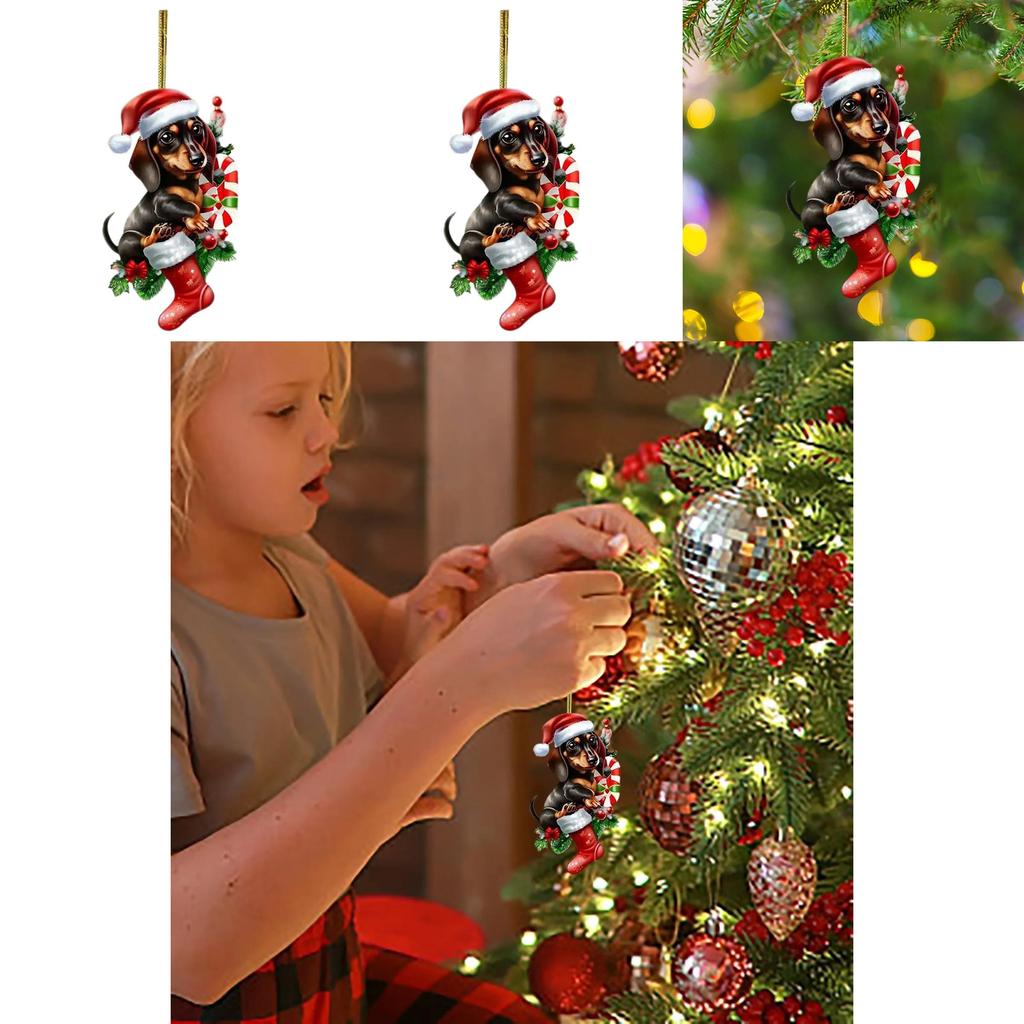 Acrylic Christmas Dachshund Car Pendant With Cute Cartoon Style For Auto Interior Decor