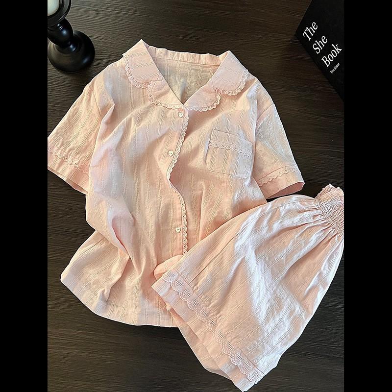 Gentle wind short-sleeved pajamas women's pure cotton can be worn outside cardigan shorts loungewear large size set 1011 new models