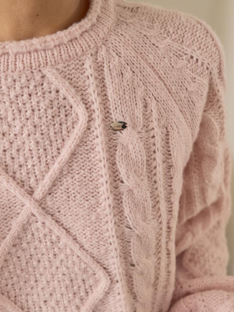 SORRY, TOO MUCH LOVE Raglan Cable Wool Knit Pullover_Pink