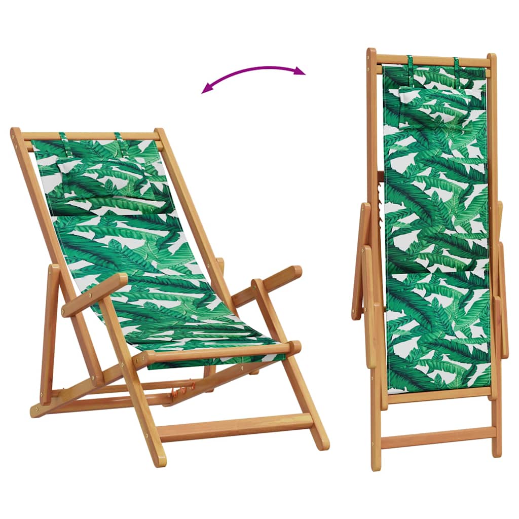 Folding Beach Chair with Leaf Pattern Solid Eucalyptus Wood Frame Fabric Seat