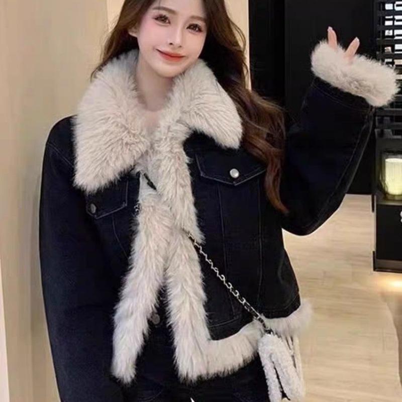 

Джинсовая короткая сращиваемая шерстяная верхняя часть утолщенная хлопковая одежда осень и зима новая шуба из искусственного меха ягненка утолщенная для женщин XL