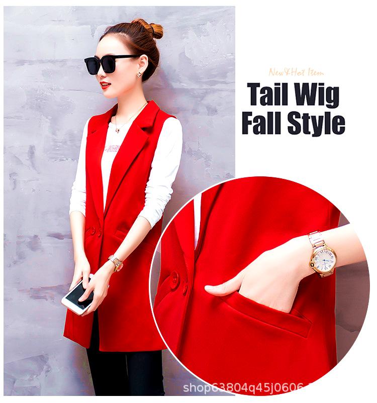 Women's Slim Fit Double-Breasted Vest with Shoulder Pads - Mid-Length, Sleeveless, Red or Black, Korean Style, for Spring and Autumn