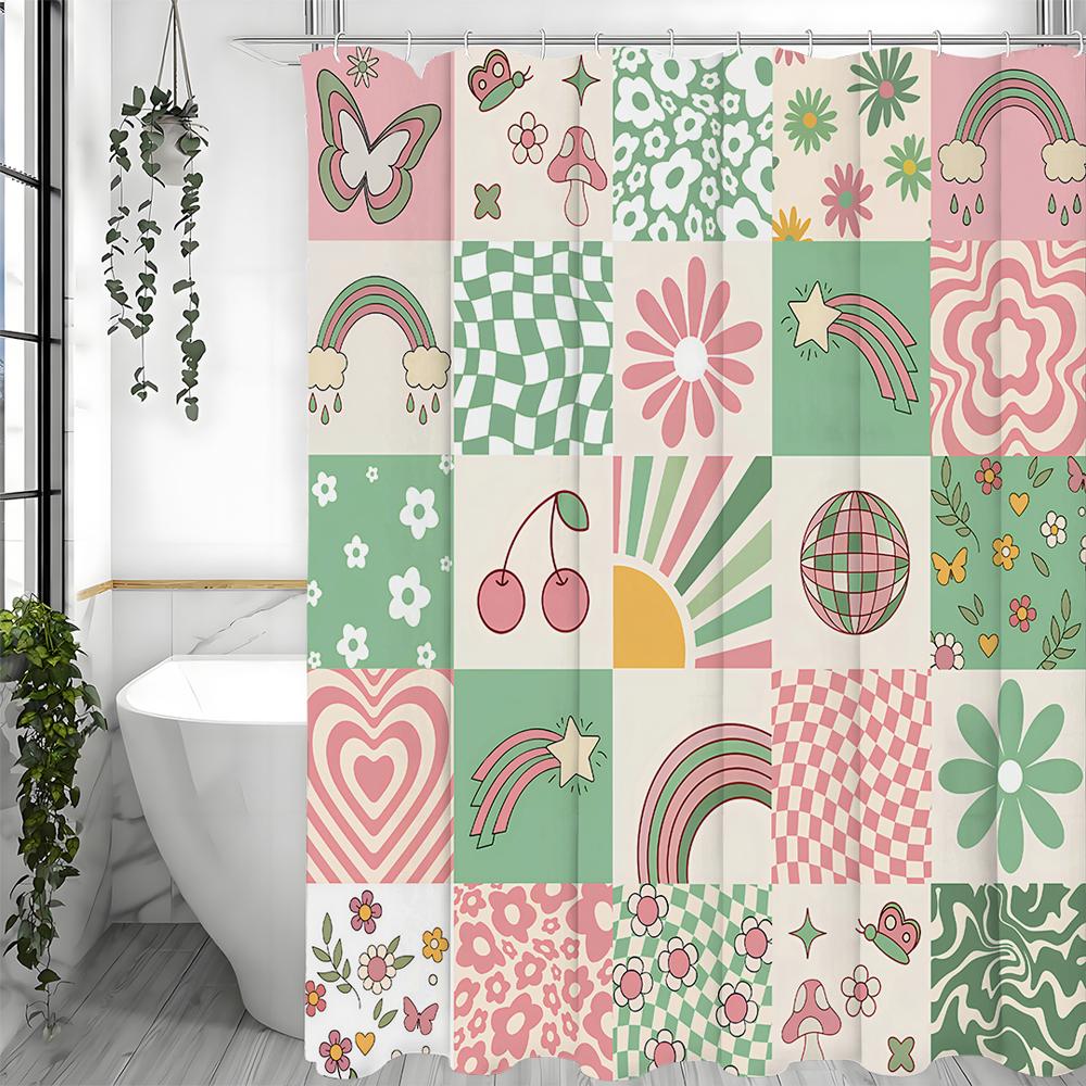 Collage Butterfly Floral Rainbow Mushroom Shower Curtain, Bathroom Decorative Shower Curtain, Waterproof Shower Curtain with Hoo