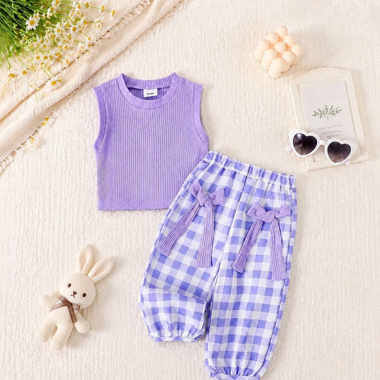 Girls Summer Tank Top with Bow and Plaid Casual Pants Set 90