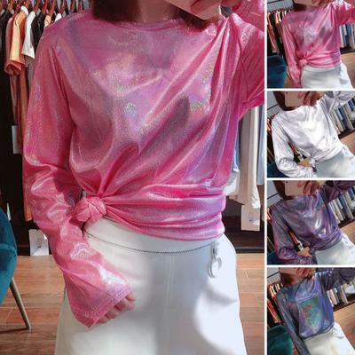 Women Loose Fit T-shirt Round Neck Long Sleeve Sparkling Reflective T-shirt Sequin Embellished Pullover Tops
