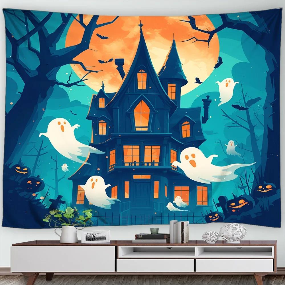 Halloween Decorative Tapestry Pumpkin Lantern Wall Hanging Full Moon Gothic Castle Ghost Bat Tapestry Home Room Decoration