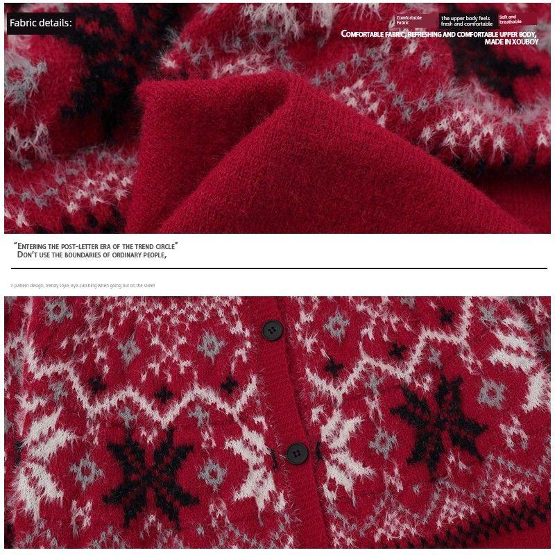 51 Hip-Hop Fair Isle Snowflake Fur Collar Red Sweater Cardigan Unisex Winter Thick Lazy Hooded Knitted Jacket