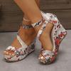 Lucyever Fashion Printed Wedge Heel Sandals Women Peep Toe Chunky Platform Sandles Woman Back Zipper High Heel Sandalias Mujer