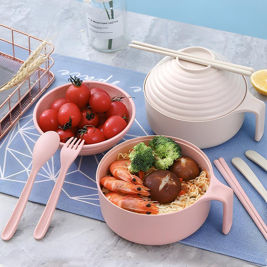 1 Set Wheat Straw Instant Noodle Bowl With Lid For Work Student Dormitory Bowl And Chopstick Set Large Capacity Rice Bowl Gift