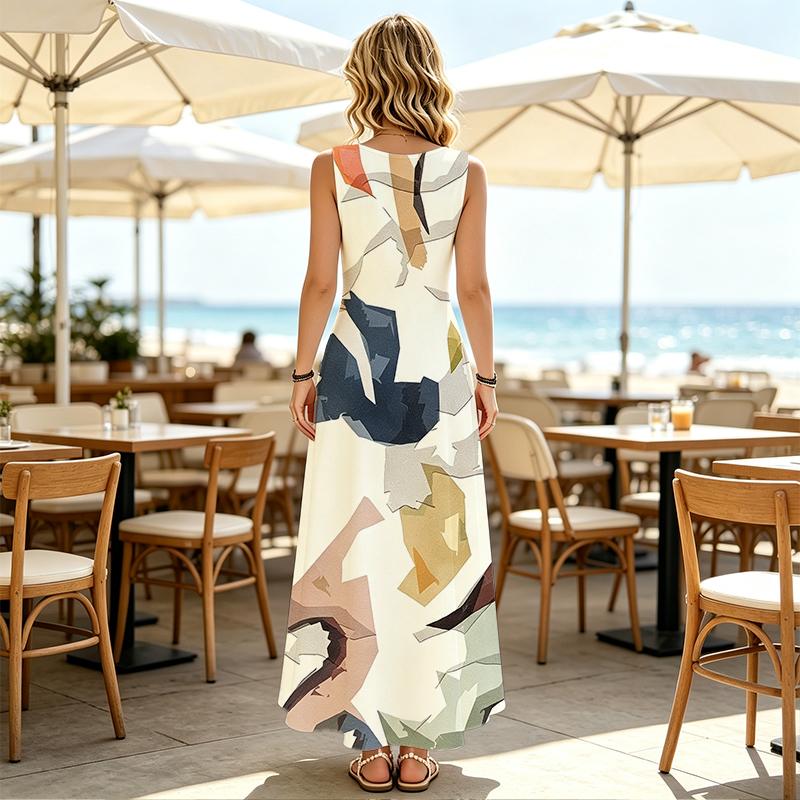 A-Line Maxi Dress,Geometric Sleeveless Loose Fit,Comfortable Picnic & Pool Vacation Dress,Versatile Spring Fall Layering
