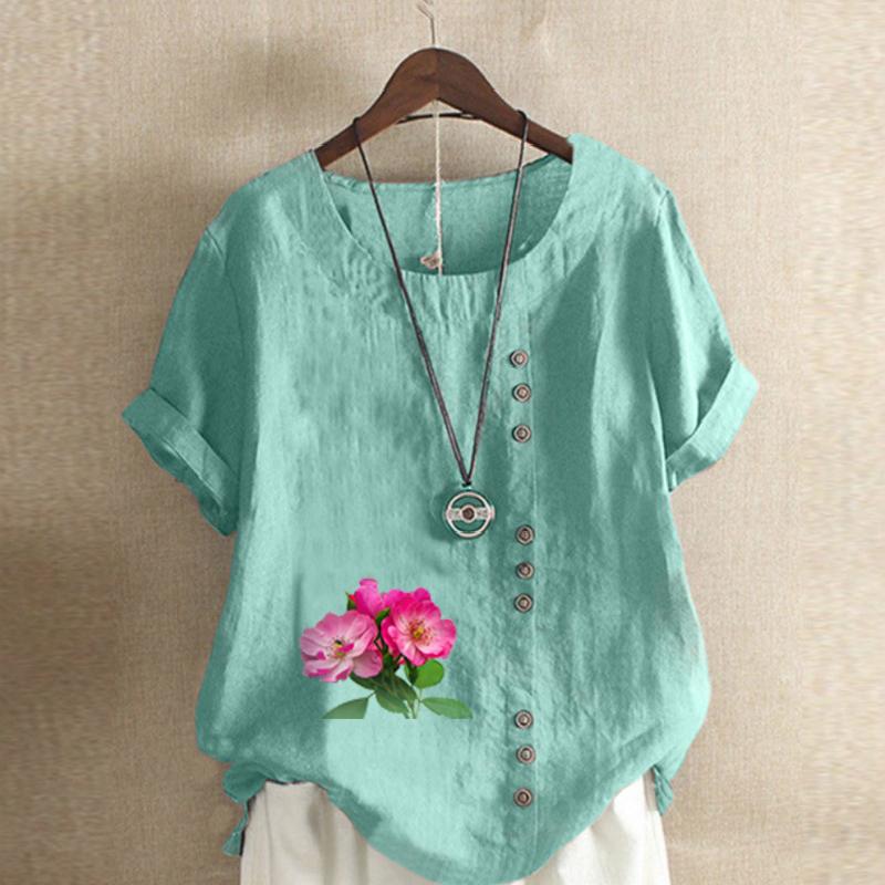 Women's Fashion Flowers Prined Round Neck Short Sleeve T-shirt Casual Cotton Linen Graphic Shirt Leisure Loose Summer Blouse Tops