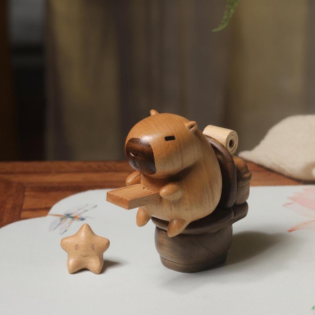 Wooden Capybara Figurine Beech Wood Handcrafted Tabletop Decor