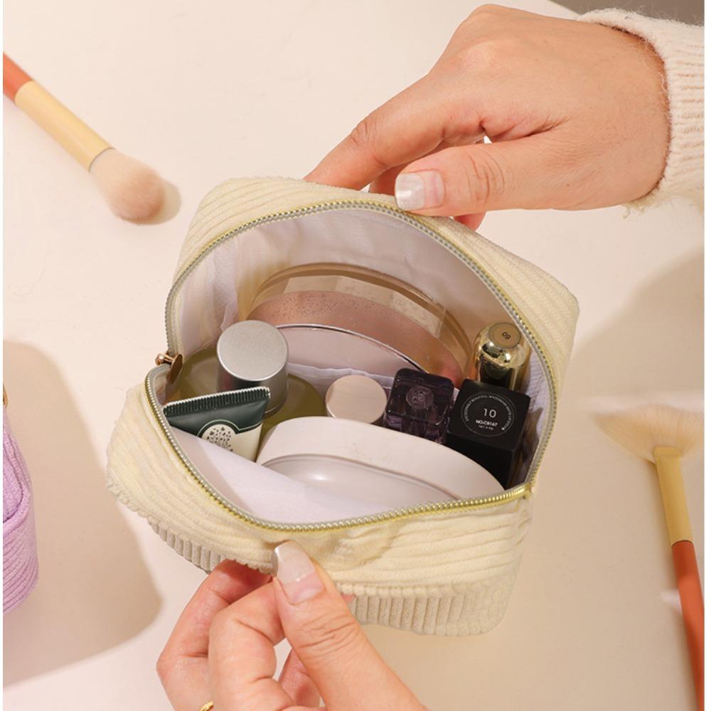 Small Makeup Bag for Purse Mini Cosmetics Bag Corduroy Cute Cosmetic Pouch for Women with Slip-in Pockets Storage Clutch