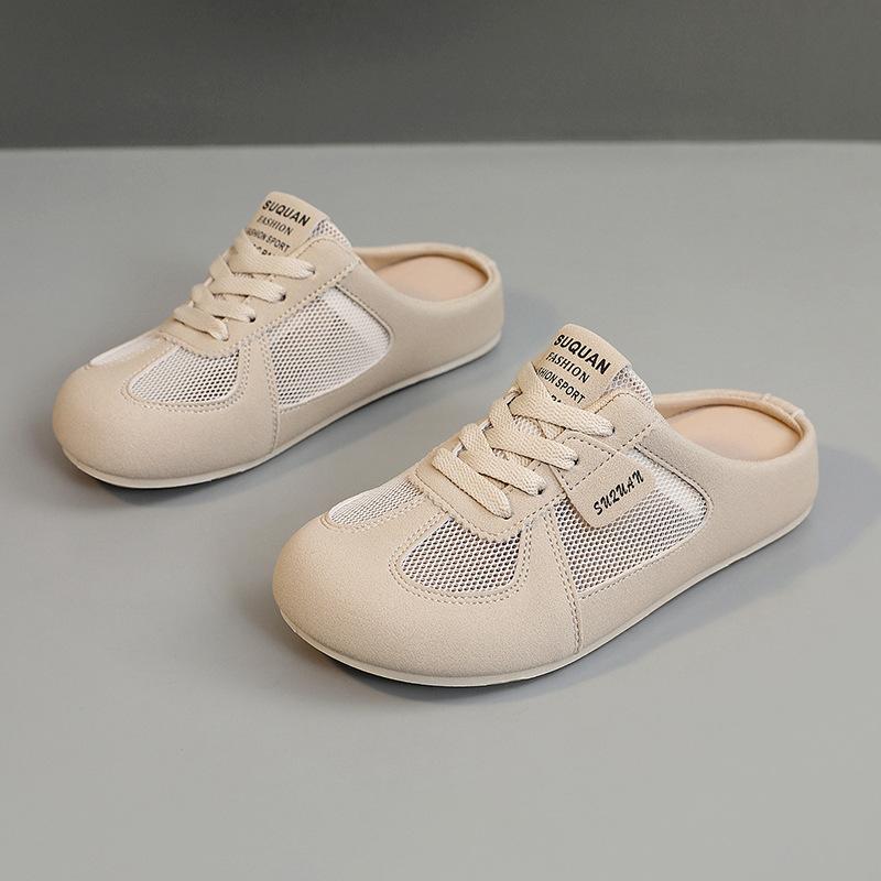 Women's Mesh Casual Shoes Half Slipper Women's Mesh Sandals Summer Mesh Fabric Women's Shoes Versatile Flat Shoes Woman Slippers