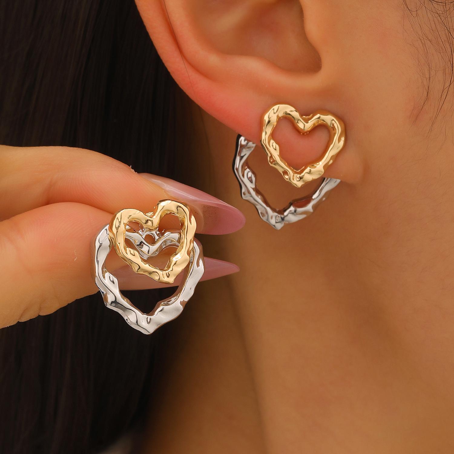 Women s Two-Tone Metal Heart Stud Earrings - Elegant Street Style, Versatile Back-Hanging Design