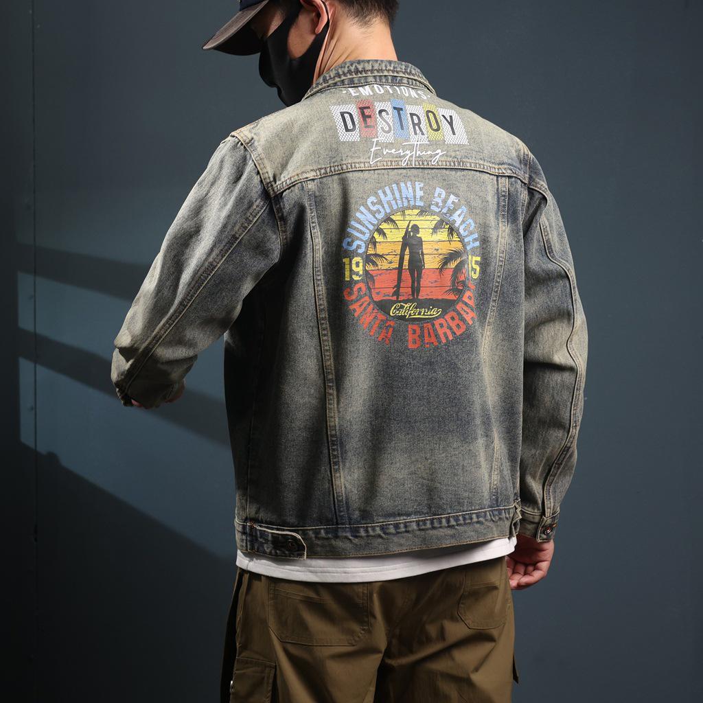 Xintang Men's Loose Casual Denim Jacket with Lapel and Feature Print for Spring & Autumn 2025