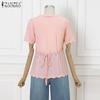 ZANZEA Women Lace Splice Square Neck Short Sleeve Casual Translucent Blouse