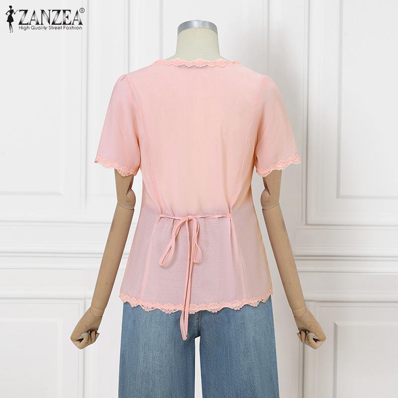 ZANZEA Women Lace Splice Square Neck Short Sleeve Casual Translucent Blouse