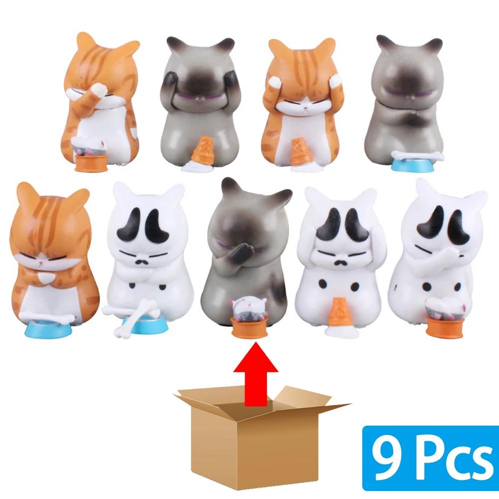 9Pcs Cute Mini Cat Doll Ornaments Figures Statue Model Desktop Toys Gifts for Room Office Kids Car Home Decoration Accessories
