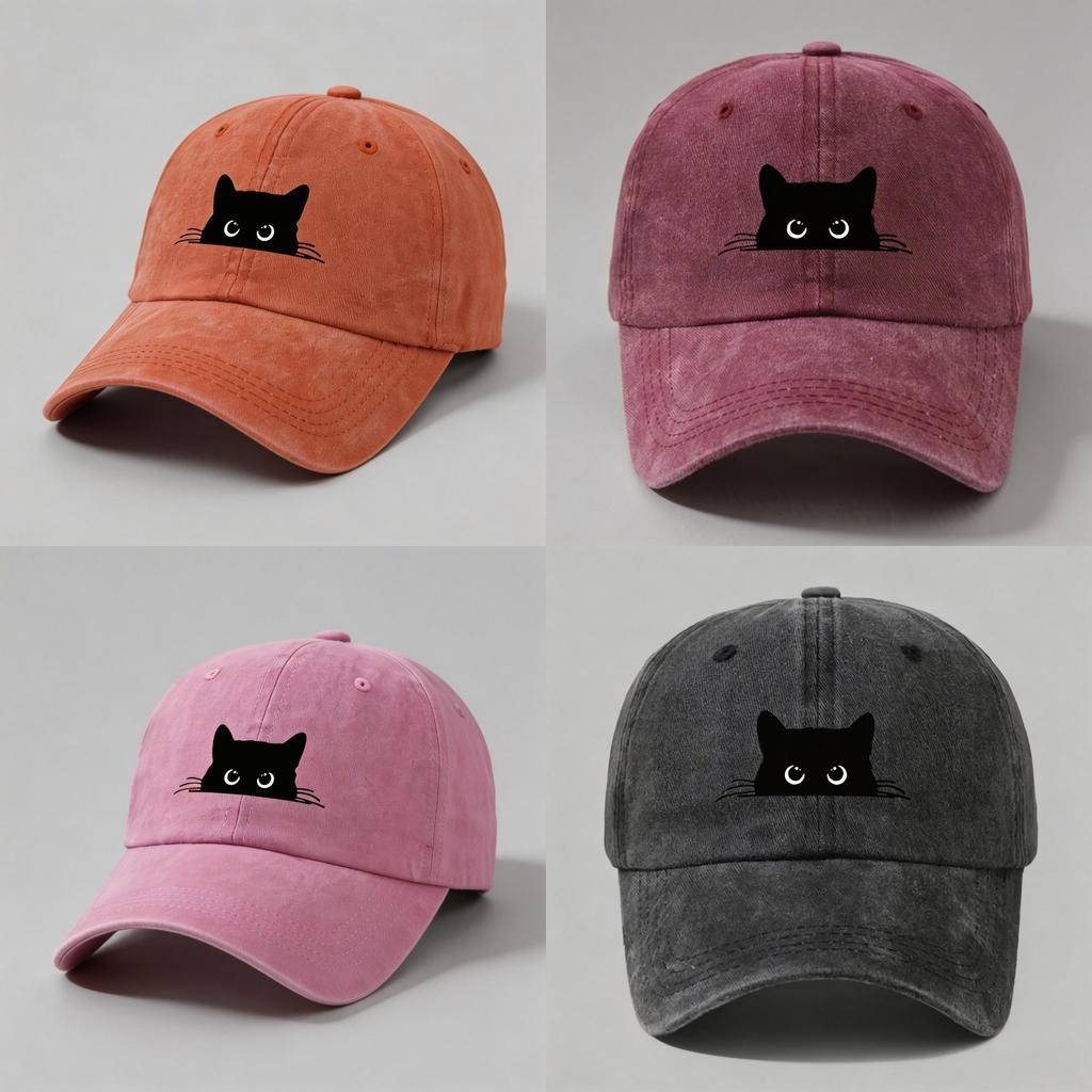 Small Black Cat Print Cotton Baseball Cap With Sun Protection For Casual Outdoor Activities