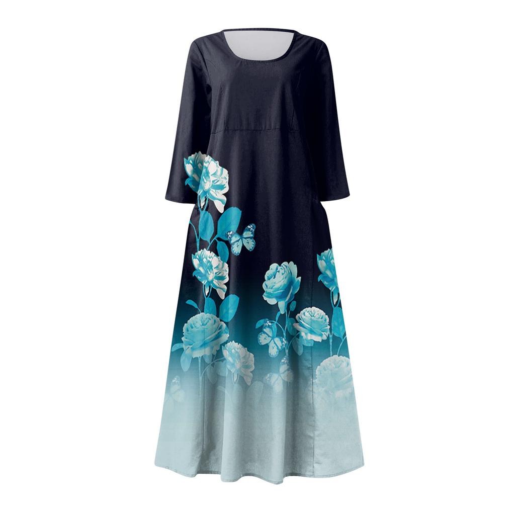 Summer Dress For Women Casual Printed Comfortable Fashion Printed 3/4 Length Sleeve Pocket Dress