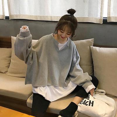 New Autumn Clothing Korean Style Loose and Versatile Design Thin Model Fake Two-piece Long-sleeved T-shirt Sweatshirt Women's Top
