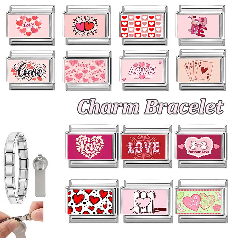 New Romantic Valentine's Love Series Pink Heart Italian Charm Links Fit 9mm Stainless Steel Bracelet DIY Making Jewelry Gift