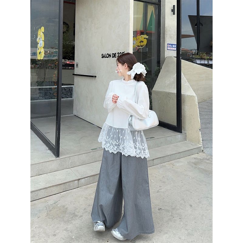 Kumikumi Design Lace Long Sleeve Shirts Stacked Vest Sling Women Autumn Loose Casual Pants Three-Piece Set