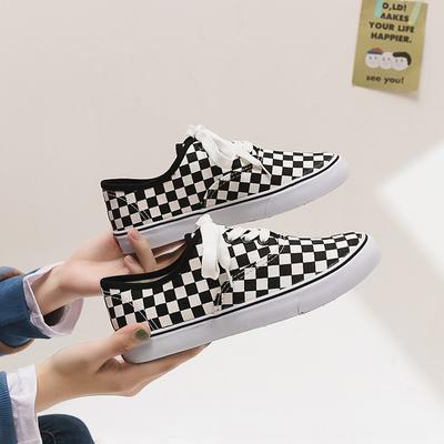 Canvas Shoes Schoolgirl Harajuku Ulzzang Black And White Plaid Retro Hong Kong Style Flat Baseplate Shoes Tide