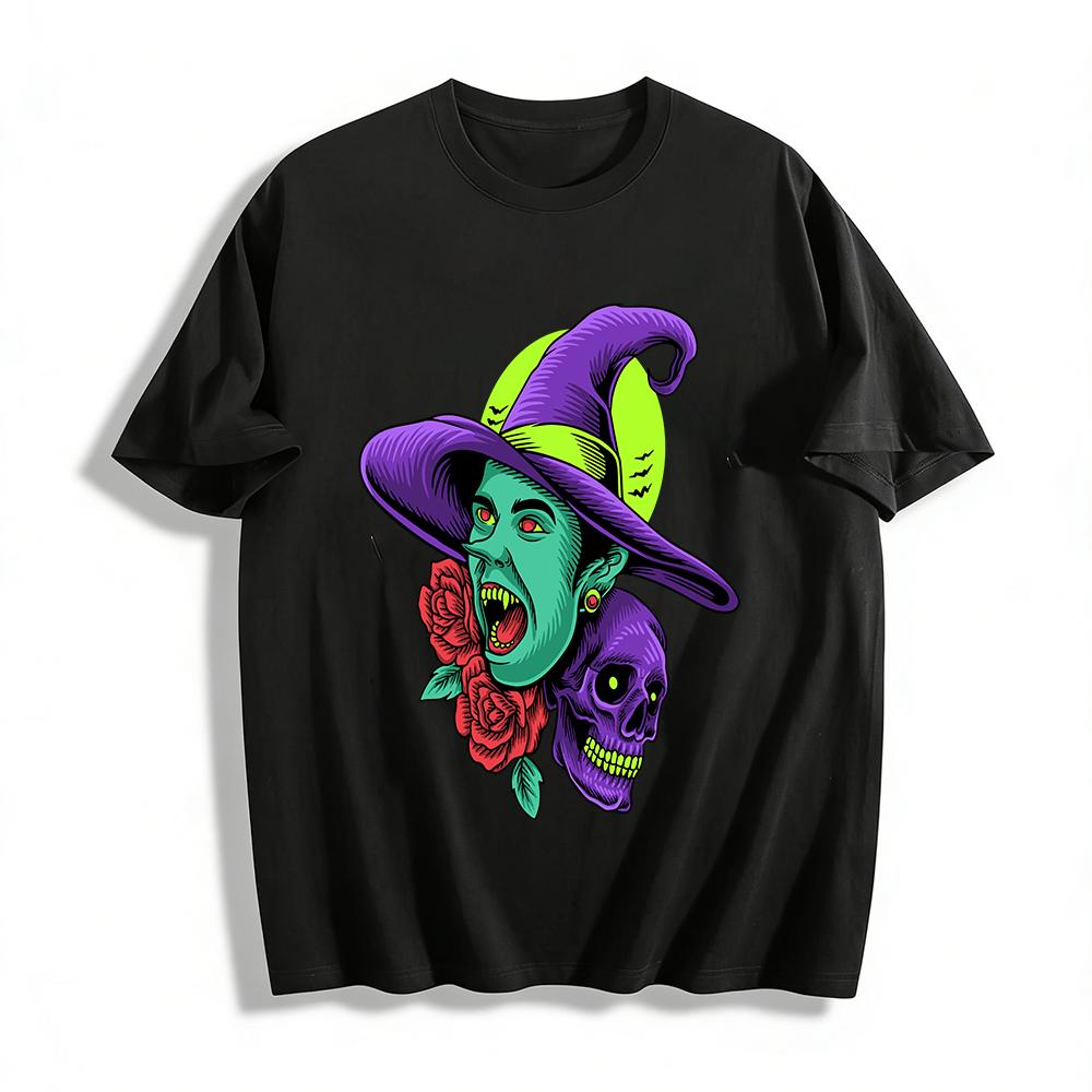 

Halloween Witch Skull Rose Print Top Dark Style Festival Casual T-Shirt Pure cotton T-shirt XXS