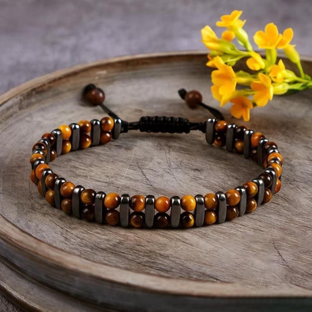 Retro Tiger Eye Stone Bracelet Adjustable Double Row Woven Bracelet Jewelry