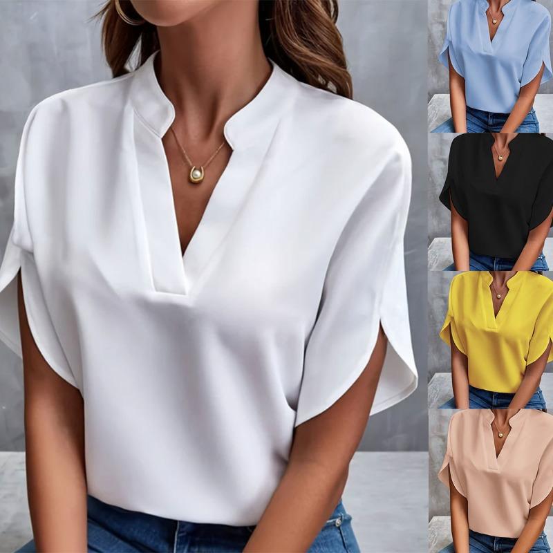 Women's Fashion Casual Solid Color Print Short Sleeve V-Neck Blouses & Shirts