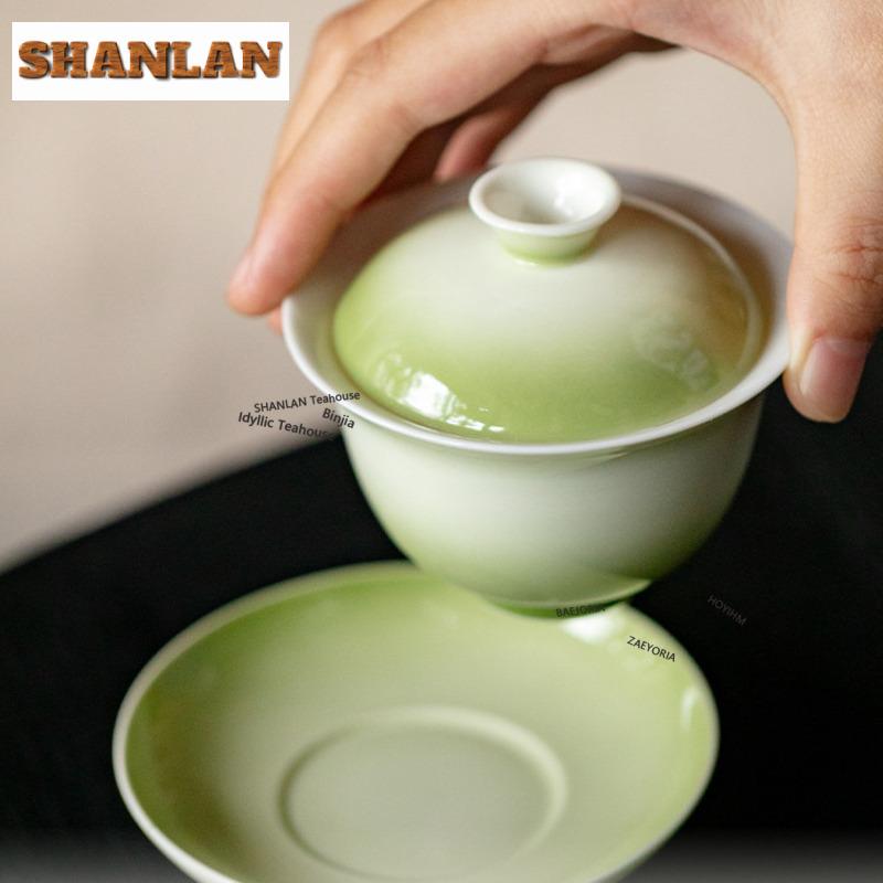 100ml Gradient Green Gaiwan Vintage Not Hot Tea Tureen Household Tea Bowl With Lid Kit Tea Making Cover Bowl Drinkware Gifts