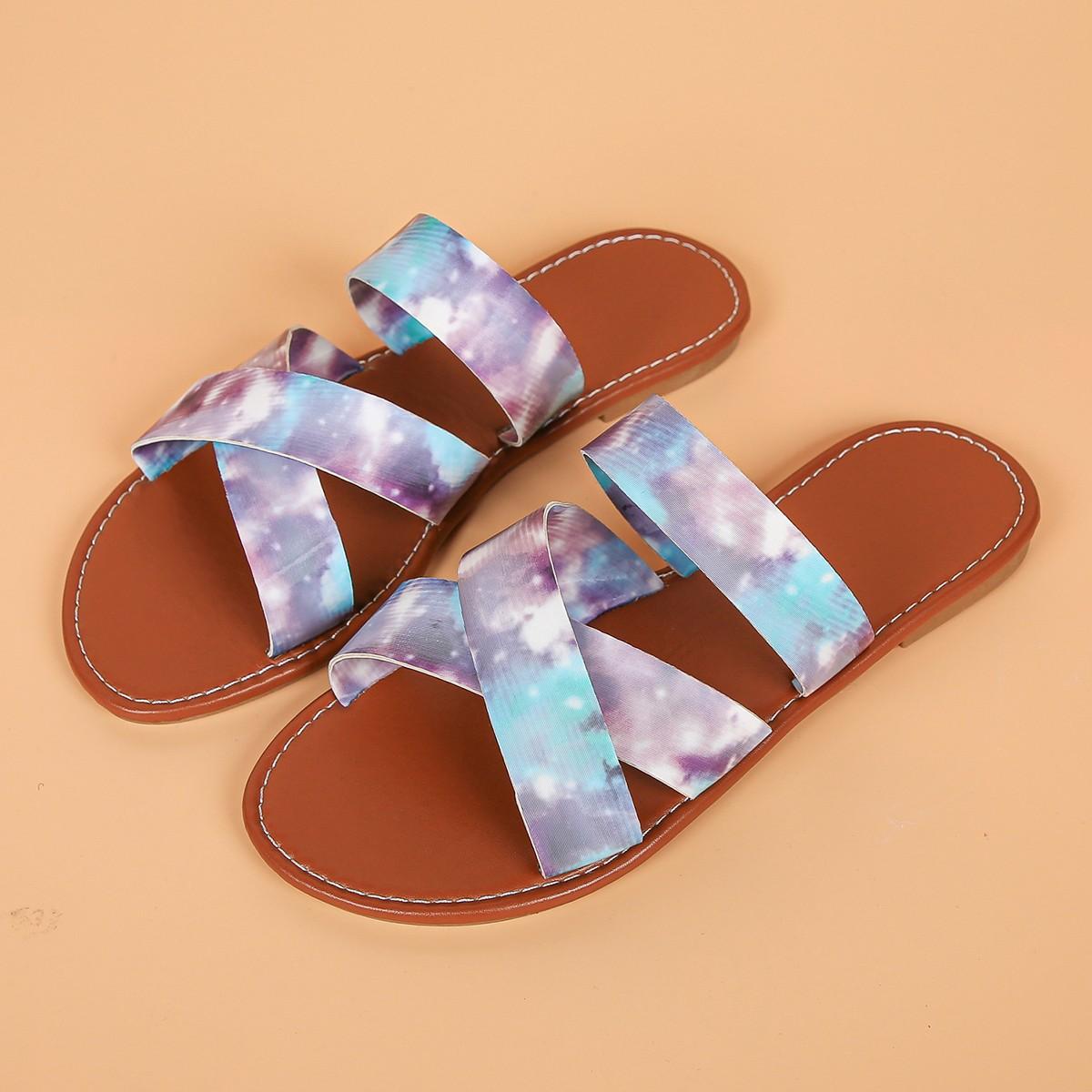 

European and American foreign trade large size cross-strapped flat-bottomed slippers women s outer wear graffiti famous wind beach cool slippers 43 светло-фиолетовый