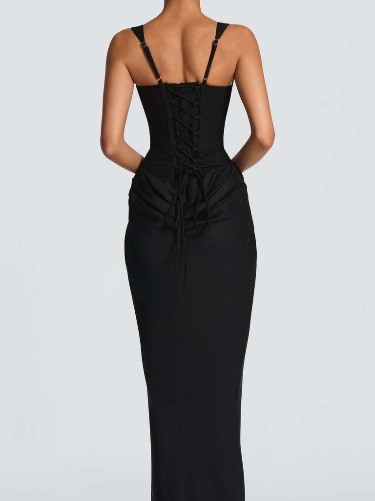 Damen Sexy Einfarbig Plissiert Trägerloses Kleid Lady Chic Schulterfrei Rückenfrei Hohe Taille Geschlitzt Kleider Abendparty Kleid