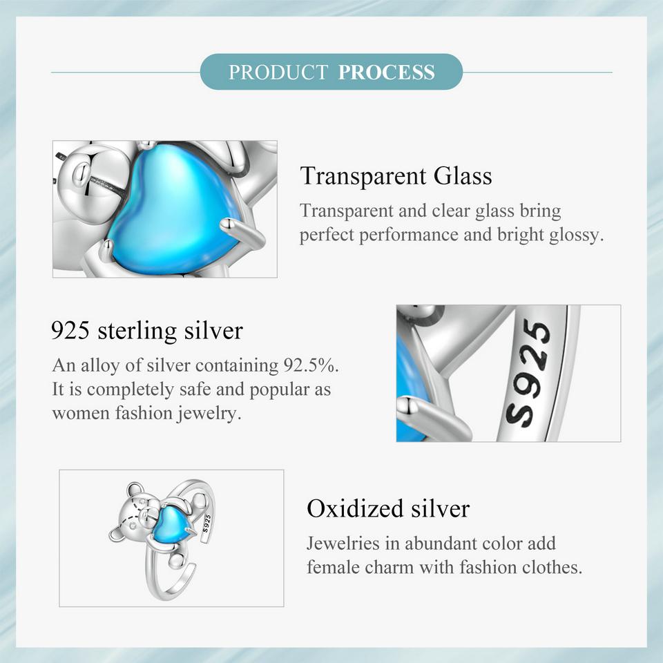 WOSTU 925 Sterling Silver Embracing Bear Opening Ring Blue Heart Crystal Statement Rings Original Jewelry Party Anniversary Gift