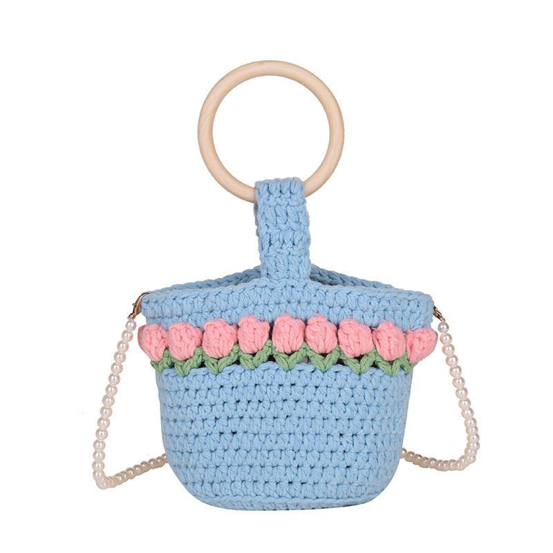 Handcrafted Knit Flower Small Pearl Handbag With Interior Pouch For Casual Outings