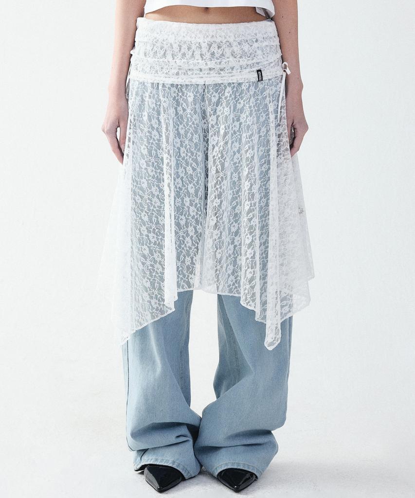Nigaennikol Lace Shirring Flare Midi Skirt_Ivory