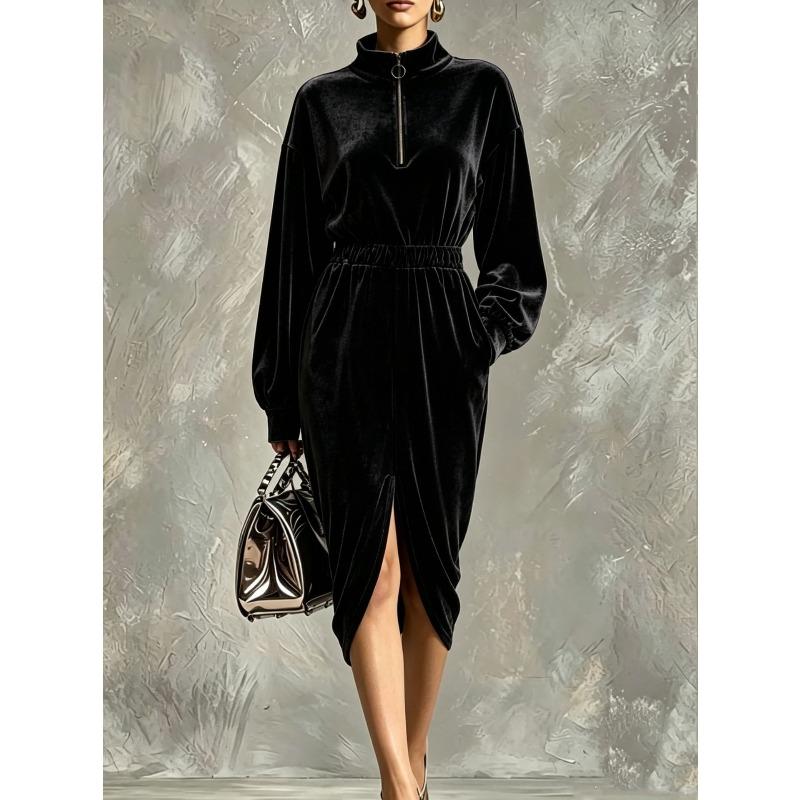 DICFY Women's Fashion Autumn Winter Solid Color Print Long Sleeve O-Neck Casual Dresses